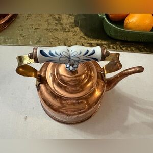 Elegant Copper Tea Cattle with Blue Floral Handle-vintage Vintage from Portugal